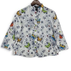 Ali Miles Petite Small Butterfly Floral Button Front Blouse Sheer Garden Cottage